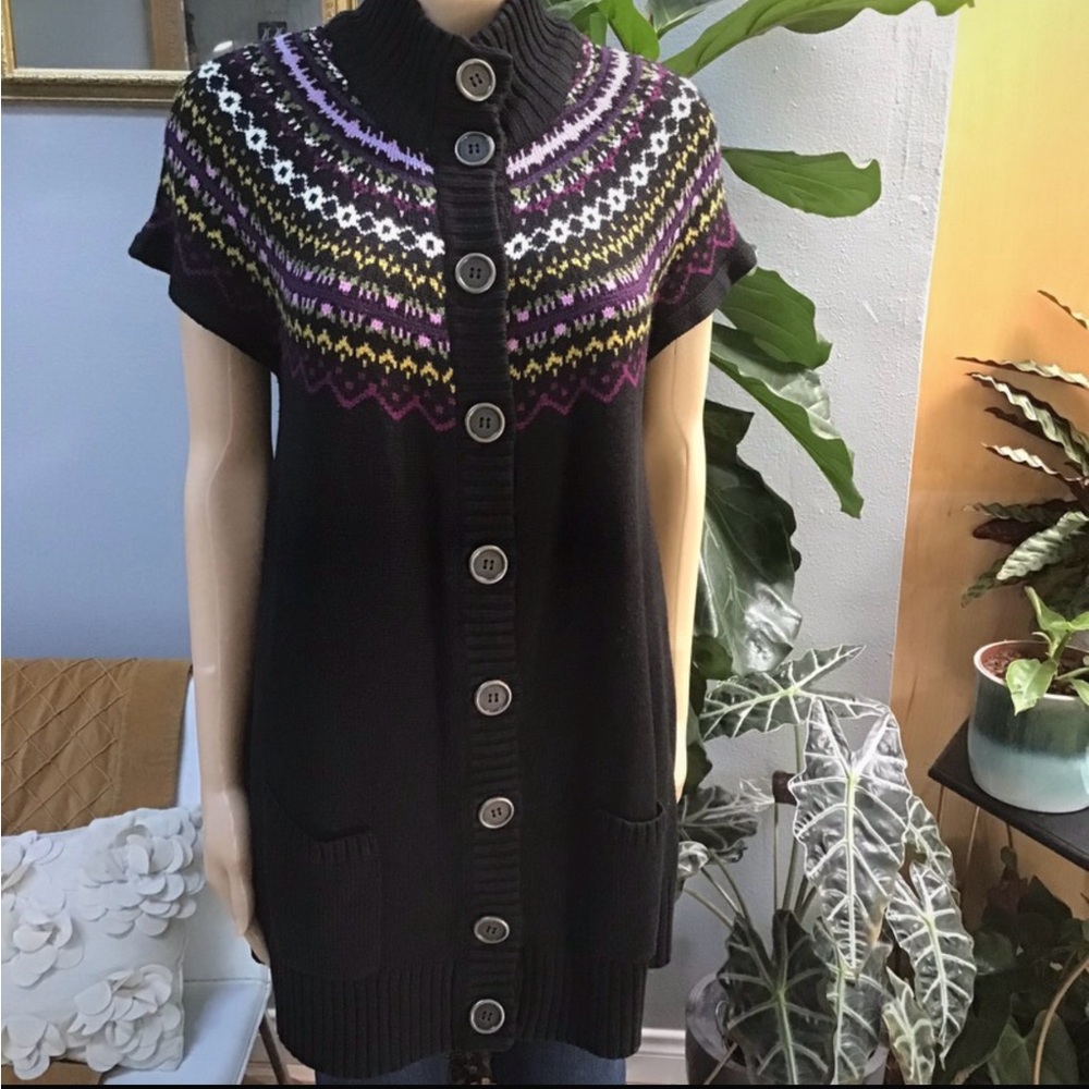 VtageStyle & Co. Black Short-Sleeve Fair Isle ButtonFront Sweater Dress Cardigan